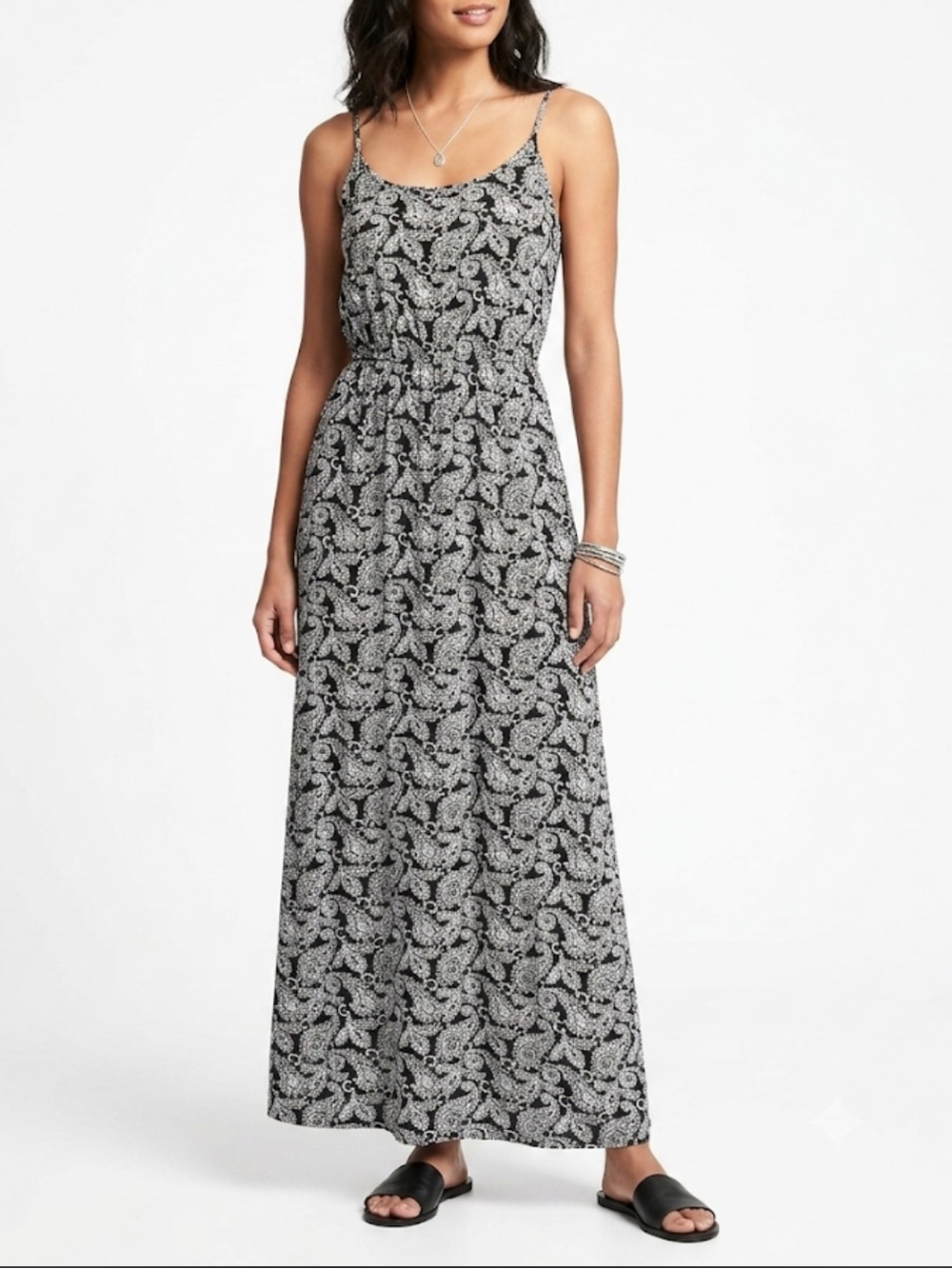 Black White Paisley Print Maxi Dress Elastic Waist Spaghetti Strap Cami Size M